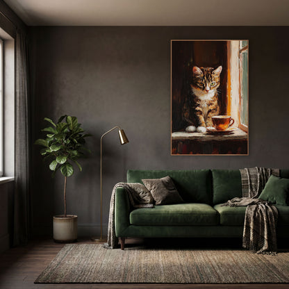 Tabby Cat Teacup Sill Moody wall art in a moody dark academia room – tabby cat with white paws sitting on a window