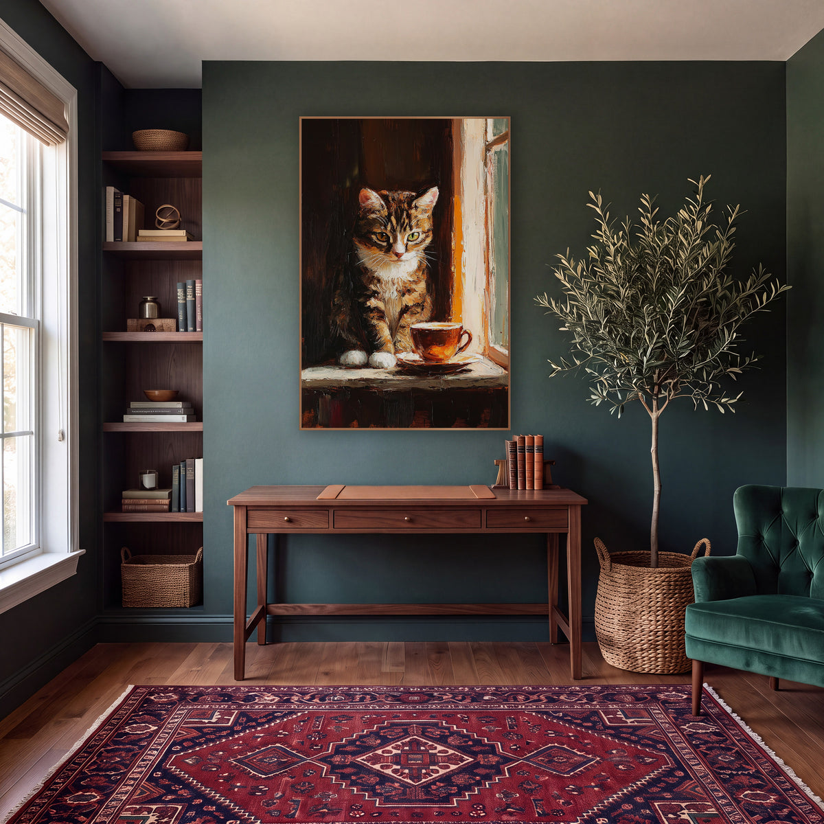 Tabby Cat Teacup Sill Moody wall art in a moody dark academia room – tabby cat with white paws sitting on a window