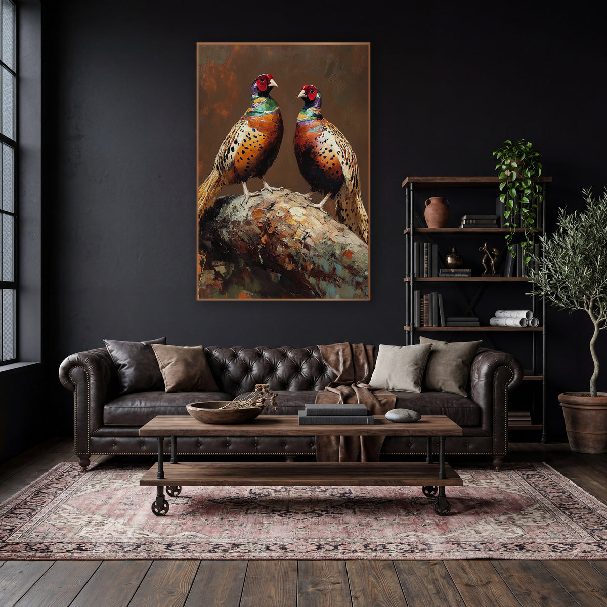 Perched Pheasant Pair Moody Game Bird wall art in a moody dark academia room – two pheasants with red faces