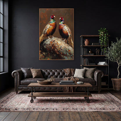 Perched Pheasant Pair Moody Game Bird wall art in a moody dark academia room – two pheasants with red faces