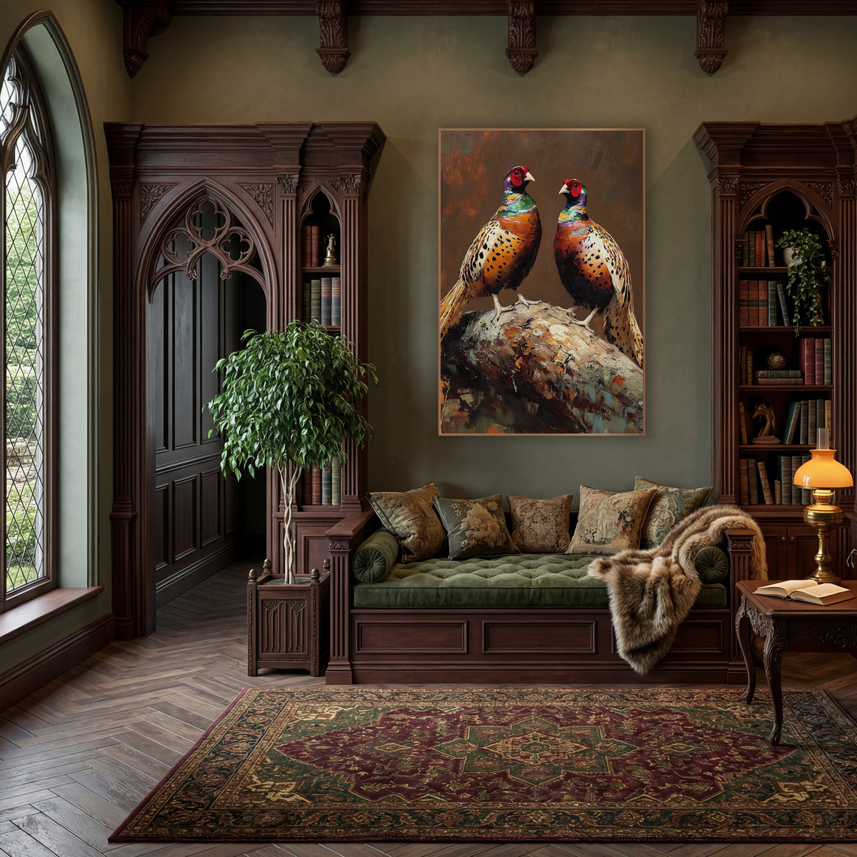 Perched Pheasant Pair Moody Game Bird wall art in a moody dark academia room – two pheasants with red faces