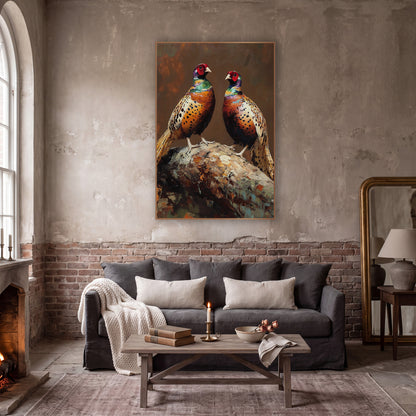 Perched Pheasant Pair Moody Game Bird wall art in a moody dark academia room – two pheasants with red faces