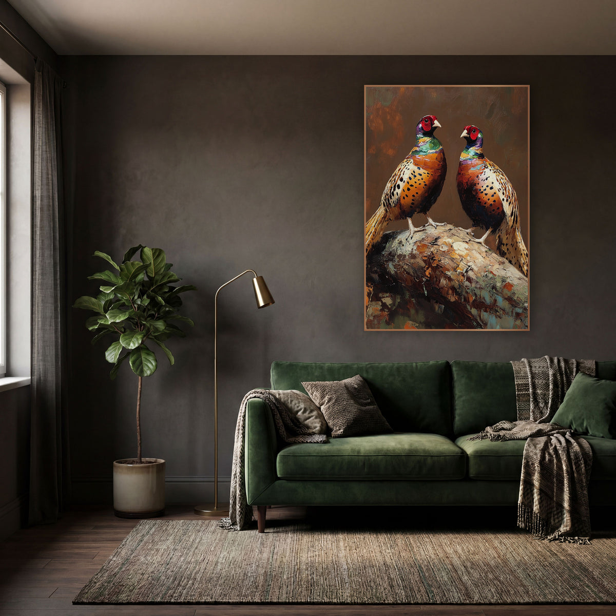 Perched Pheasant Pair Moody Game Bird wall art in a moody dark academia room – two pheasants with red faces