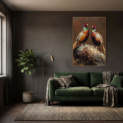 Perched Pheasant Pair Moody Game Bird wall art in a moody dark academia room – two pheasants with red faces