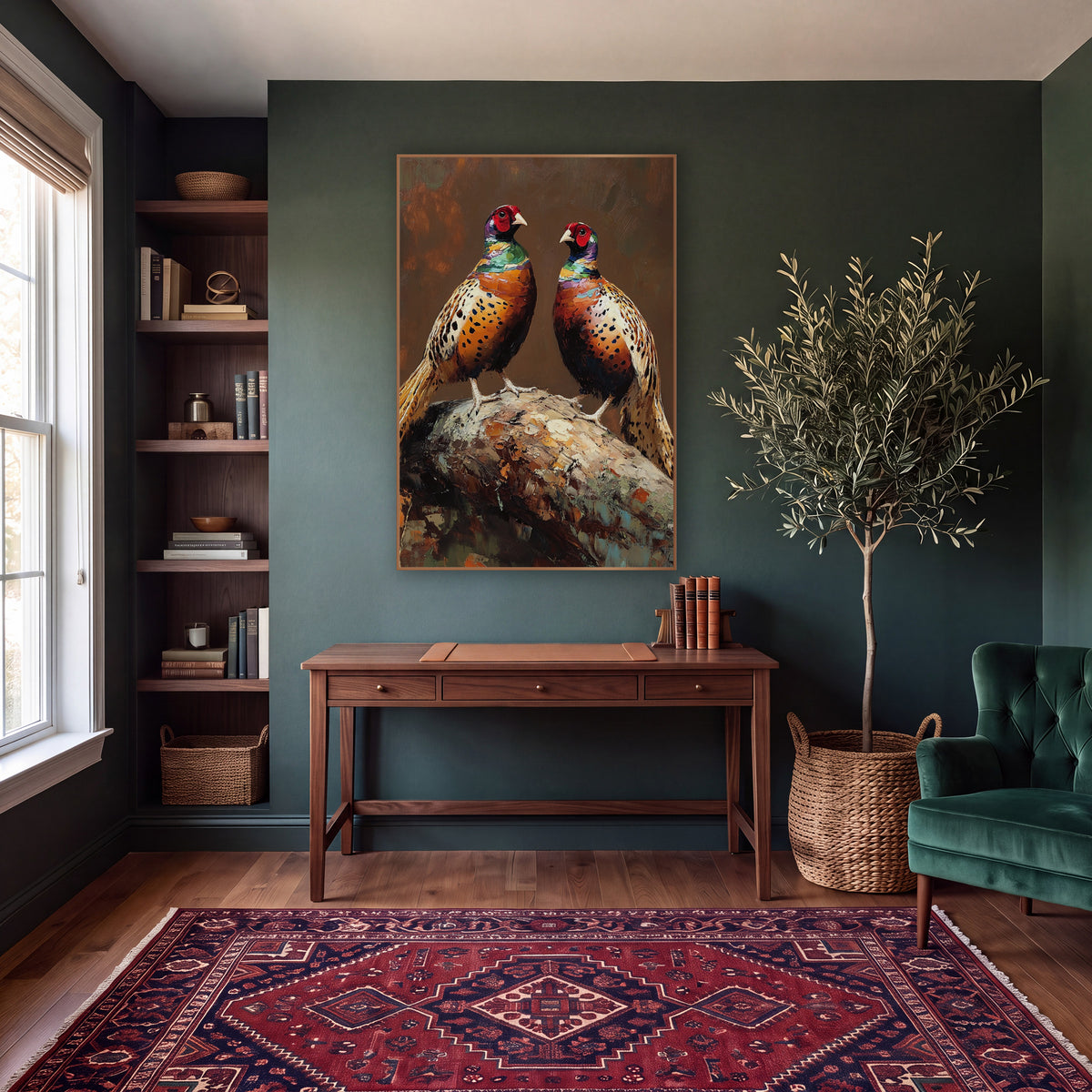 Perched Pheasant Pair Moody Game Bird wall art in a moody dark academia room – two pheasants with red faces