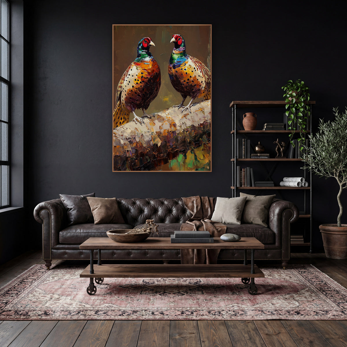 Pair of Pheasants Moody Wildlife wall art in a moody dark academia room – two pheasants with red faces and copper