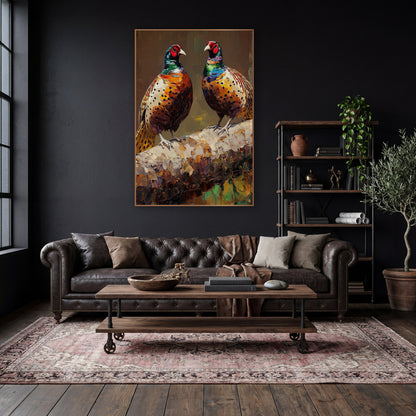 Pair of Pheasants Moody Wildlife wall art in a moody dark academia room – two pheasants with red faces and copper