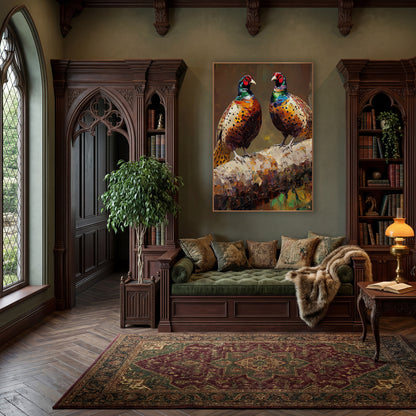 Pair of Pheasants Moody Wildlife wall art in a moody dark academia room – two pheasants with red faces and copper