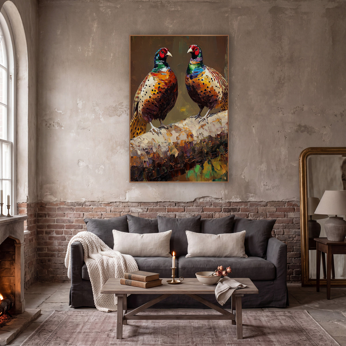 Pair of Pheasants Moody Wildlife wall art in a moody dark academia room – two pheasants with red faces and copper