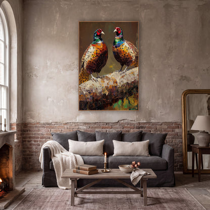 Pair of Pheasants Moody Wildlife wall art in a moody dark academia room – two pheasants with red faces and copper