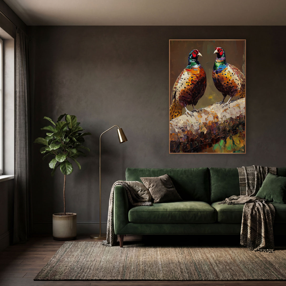 Pair of Pheasants Moody Wildlife wall art in a moody dark academia room – two pheasants with red faces and copper
