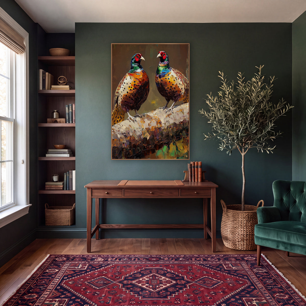 Pair of Pheasants Moody Wildlife wall art in a moody dark academia room – two pheasants with red faces and copper