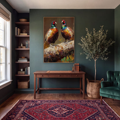 Pair of Pheasants Moody Wildlife wall art in a moody dark academia room – two pheasants with red faces and copper