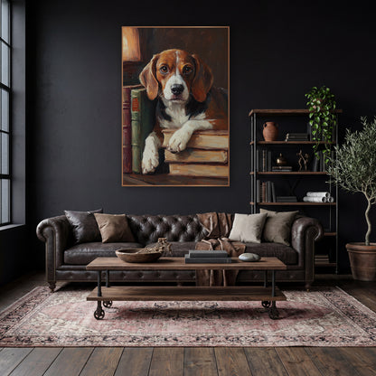 Beagle Lamplit Bookshelf Classic wall art in a moody dark academia room – beagle with brown eyes resting white paws