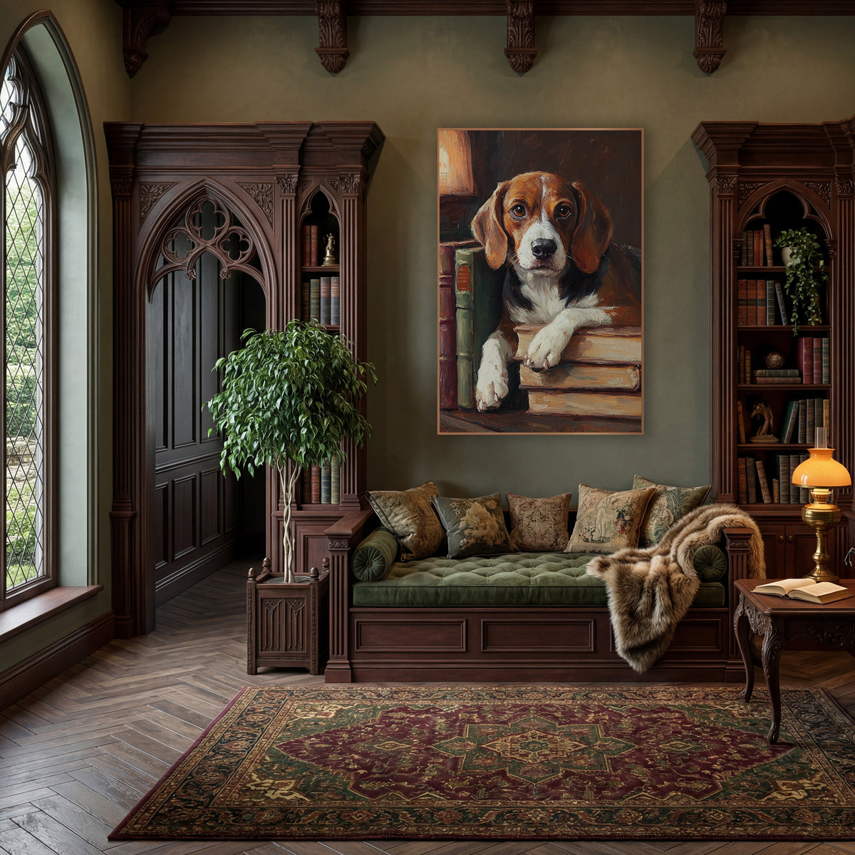 Beagle Lamplit Bookshelf Classic wall art in a moody dark academia room – beagle with brown eyes resting white paws