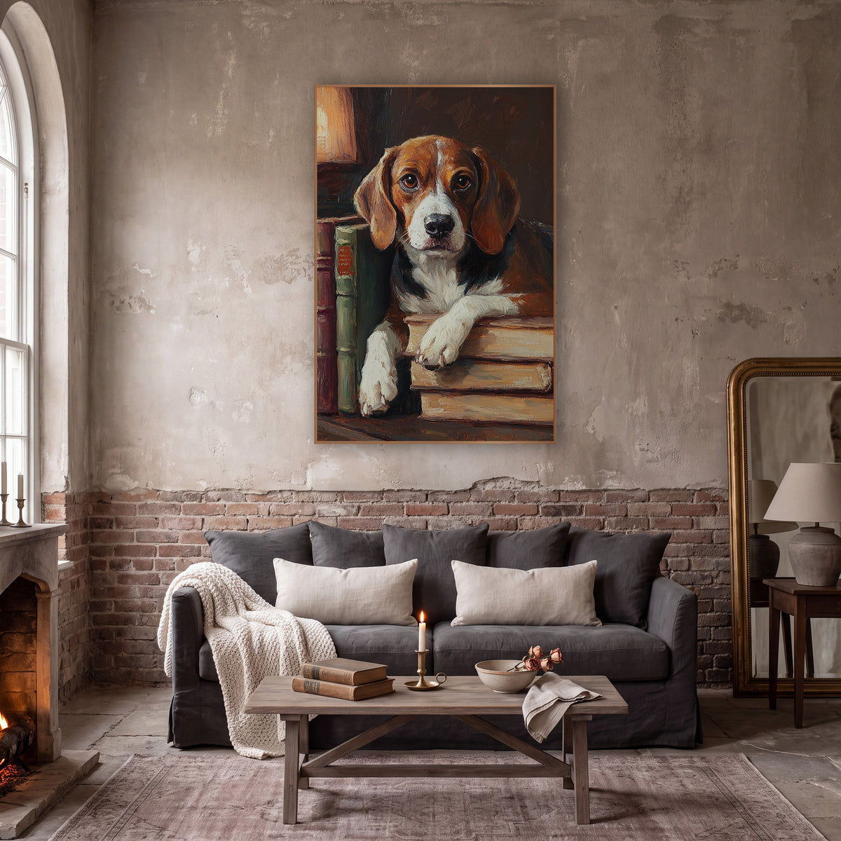 Beagle Lamplit Bookshelf Classic wall art in a moody dark academia room – beagle with brown eyes resting white paws
