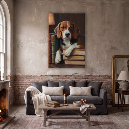 Beagle Lamplit Bookshelf Classic wall art in a moody dark academia room – beagle with brown eyes resting white paws