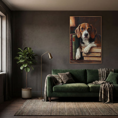 Beagle Lamplit Bookshelf Classic wall art in a moody dark academia room – beagle with brown eyes resting white paws