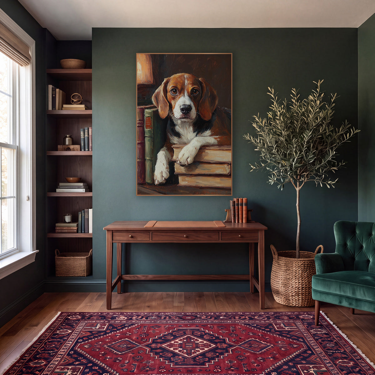 Beagle Lamplit Bookshelf Classic wall art in a moody dark academia room – beagle with brown eyes resting white paws