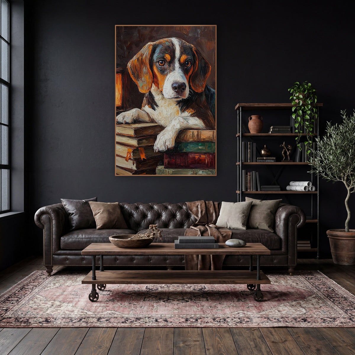 Beagle Lantern Bookstack Moody wall art in a moody dark academia room – beagle with white blaze resting paws