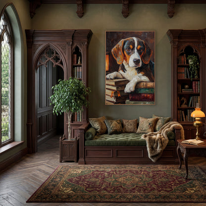 Beagle Lantern Bookstack Moody wall art in a moody dark academia room – beagle with white blaze resting paws
