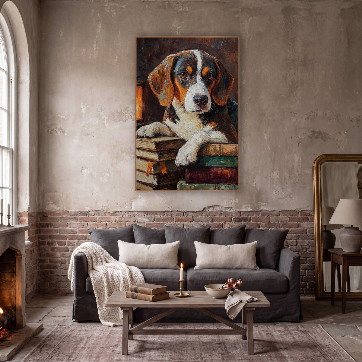 Beagle Lantern Bookstack Moody wall art in a moody dark academia room – beagle with white blaze resting paws
