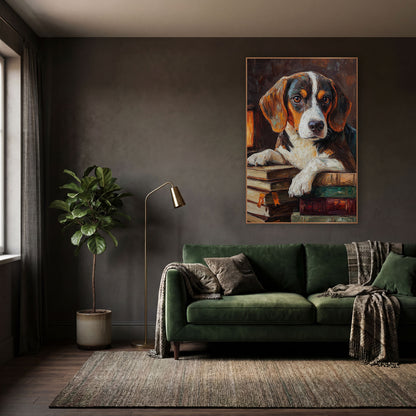 Beagle Lantern Bookstack Moody wall art in a moody dark academia room – beagle with white blaze resting paws