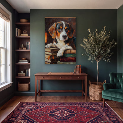 Beagle Lantern Bookstack Moody wall art in a moody dark academia room – beagle with white blaze resting paws