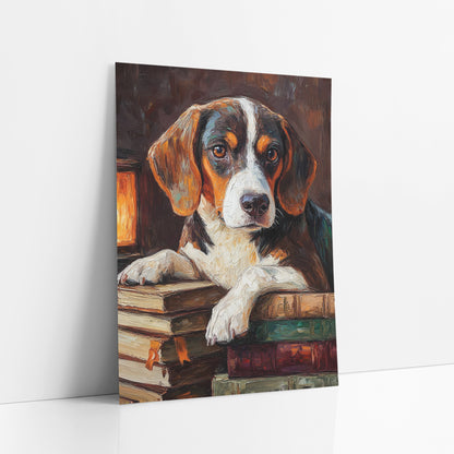 Beagle Lantern Bookstack Moody art print leaning against a white wall – beagle with white blaze resting paws on stacked books