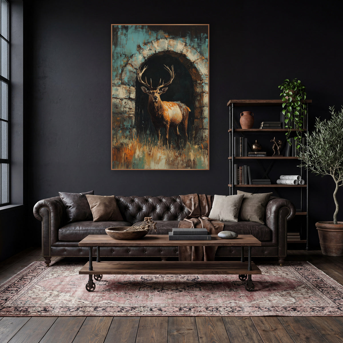 Stag Stone Archway Dark Academia wall art in a moody dark academia room – antlered stag standing in a dark stone