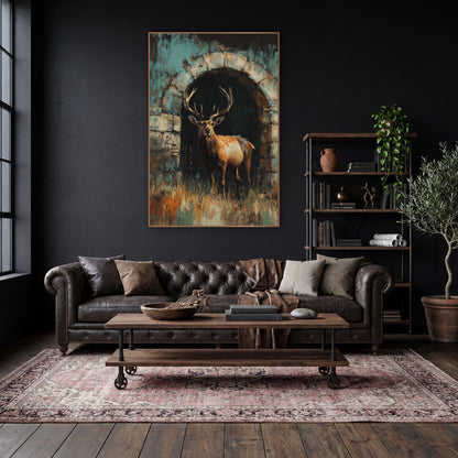 Stag Stone Archway Dark Academia wall art in a moody dark academia room – antlered stag standing in a dark stone