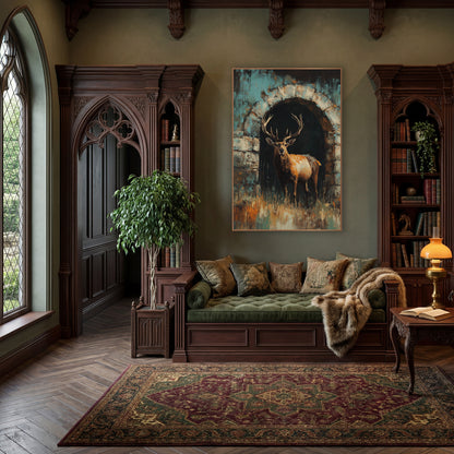 Stag Stone Archway Dark Academia wall art in a moody dark academia room – antlered stag standing in a dark stone
