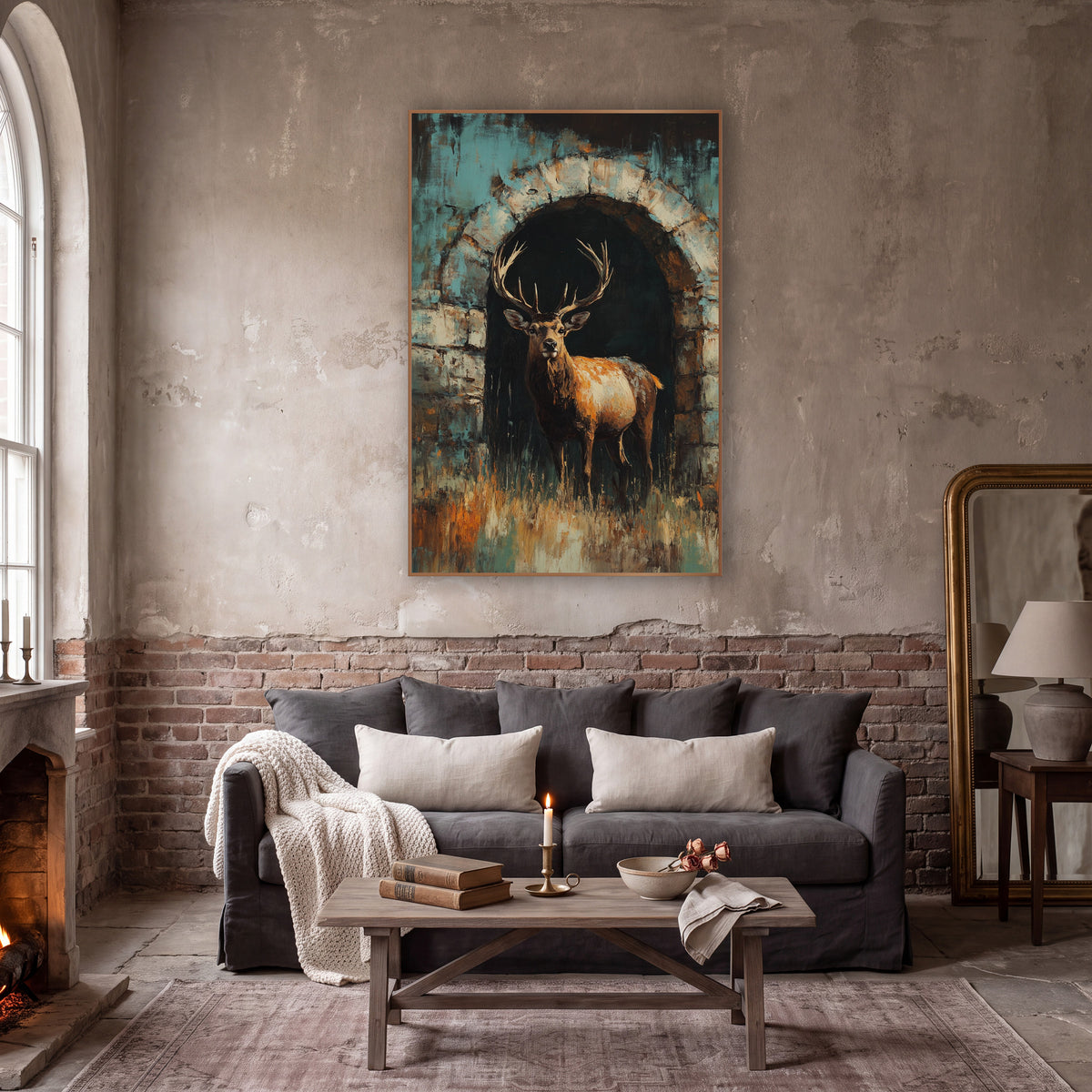 Stag Stone Archway Dark Academia wall art in a moody dark academia room – antlered stag standing in a dark stone