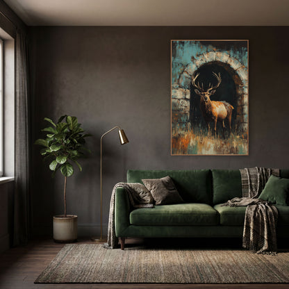 Stag Stone Archway Dark Academia wall art in a moody dark academia room – antlered stag standing in a dark stone