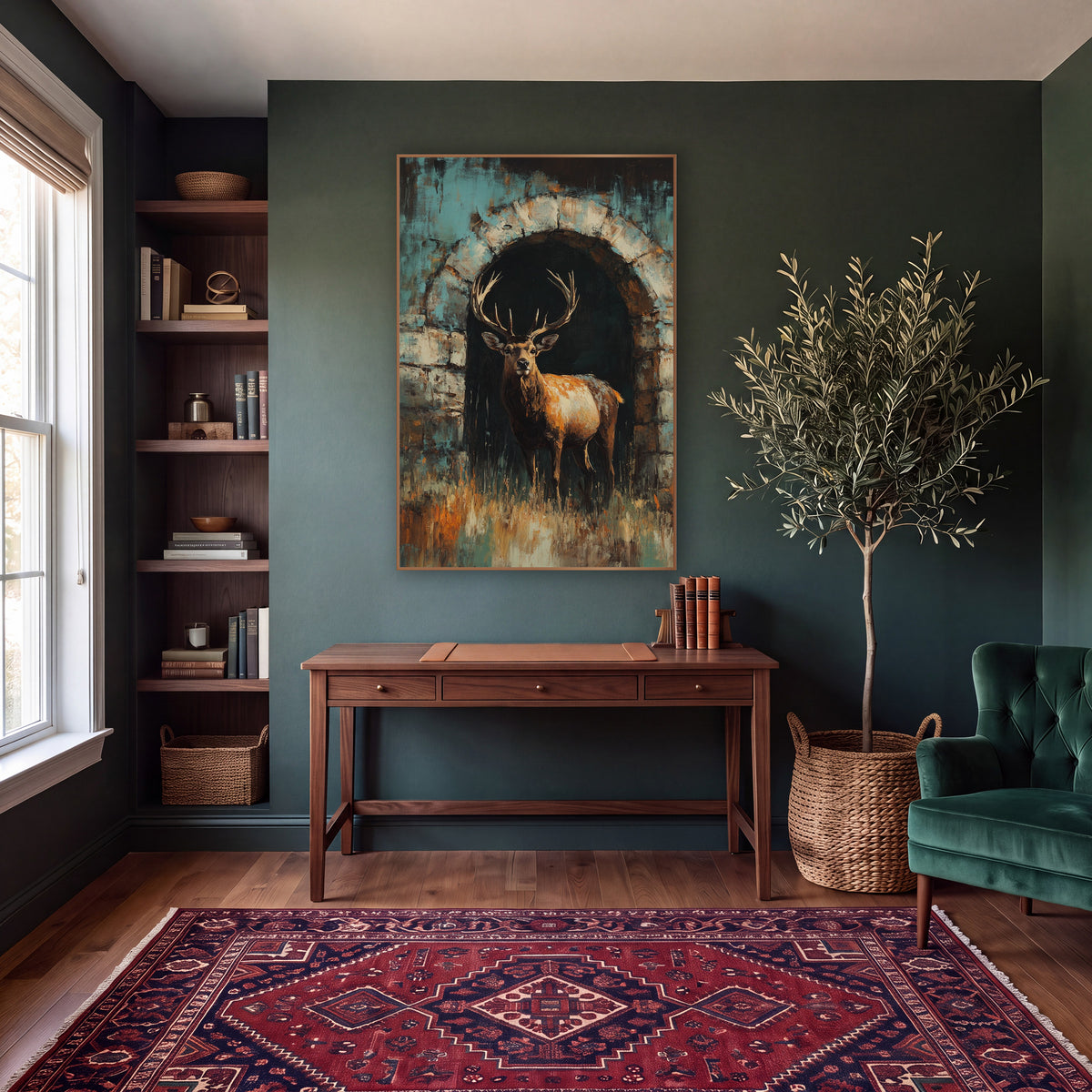 Stag Stone Archway Dark Academia wall art in a moody dark academia room – antlered stag standing in a dark stone
