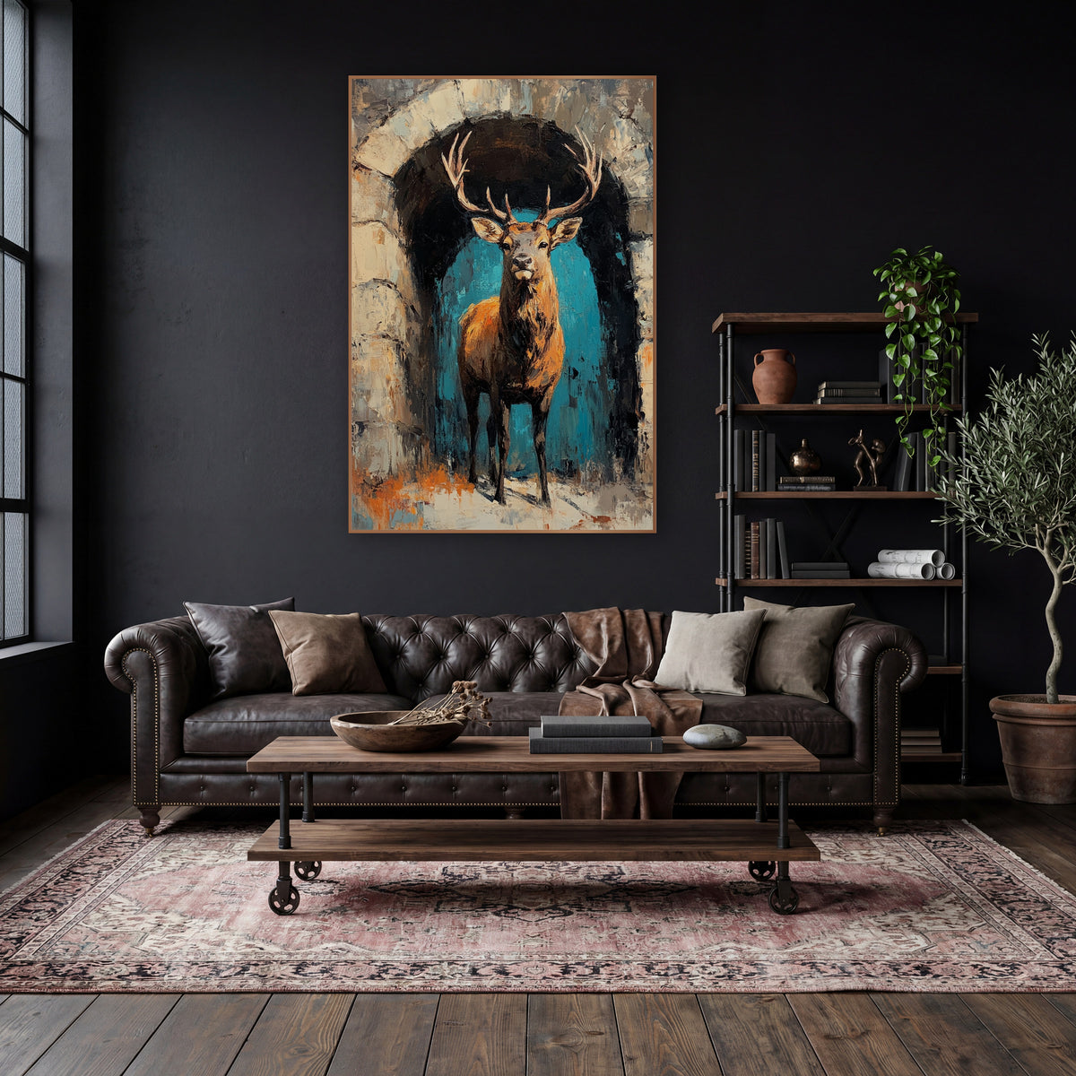 Stag in Stone Archway Dark Academia wall art in a moody dark academia room – antlered stag standing in a rough stone