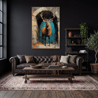 Stag in Stone Archway Dark Academia wall art in a moody dark academia room – antlered stag standing in a rough stone