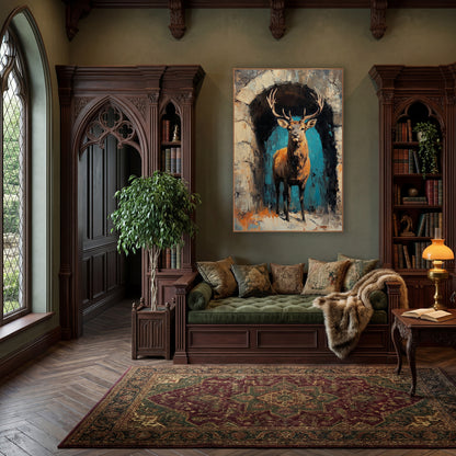 Stag in Stone Archway Dark Academia wall art in a moody dark academia room – antlered stag standing in a rough stone