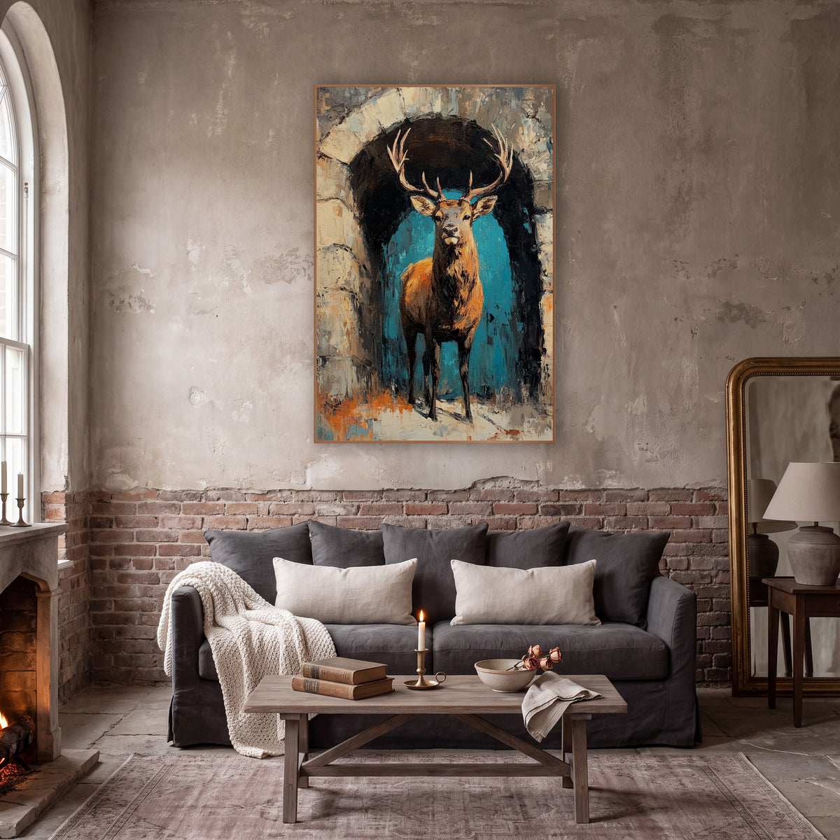 Stag in Stone Archway Dark Academia wall art in a moody dark academia room – antlered stag standing in a rough stone