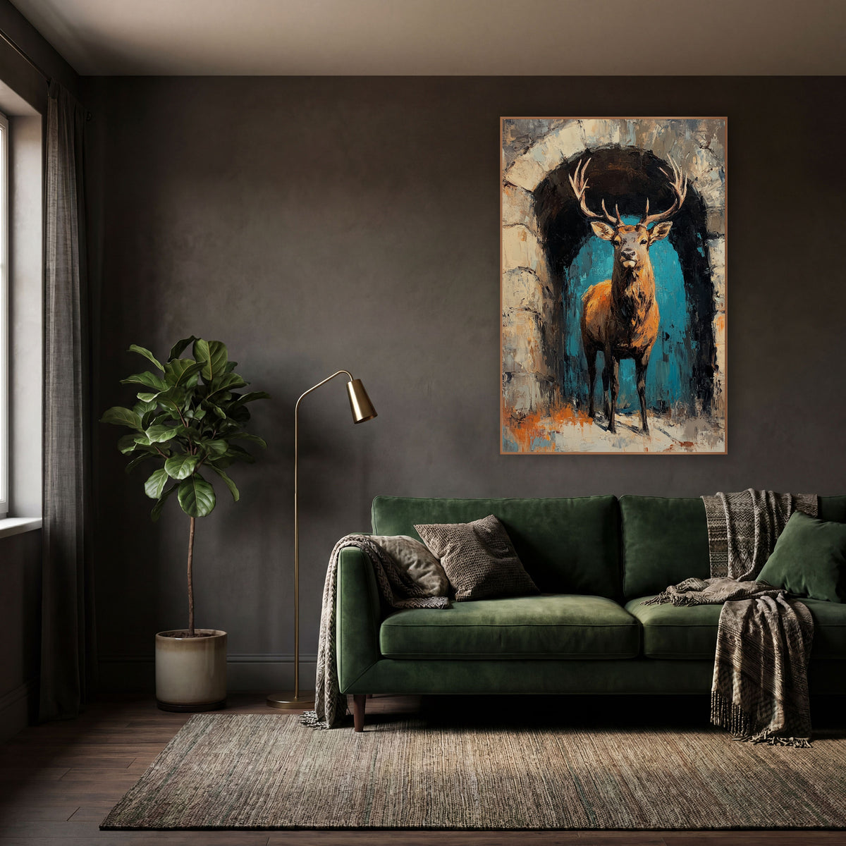 Stag in Stone Archway Dark Academia wall art in a moody dark academia room – antlered stag standing in a rough stone