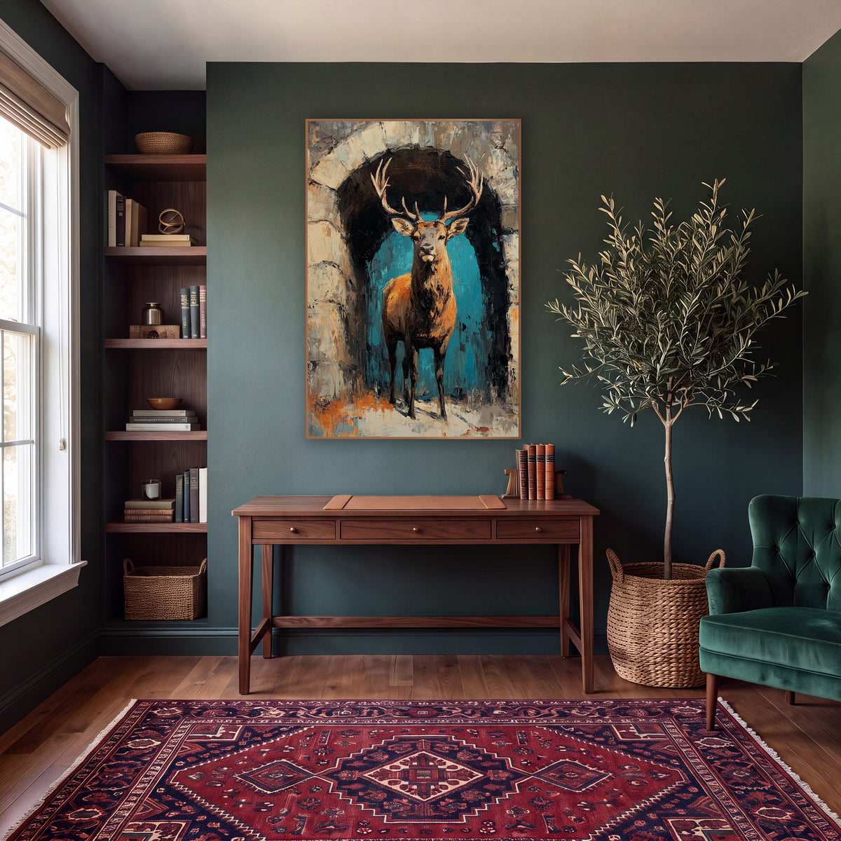 Stag in Stone Archway Dark Academia wall art in a moody dark academia room – antlered stag standing in a rough stone
