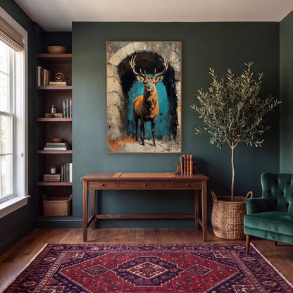 Stag in Stone Archway Dark Academia wall art in a moody dark academia room – antlered stag standing in a rough stone