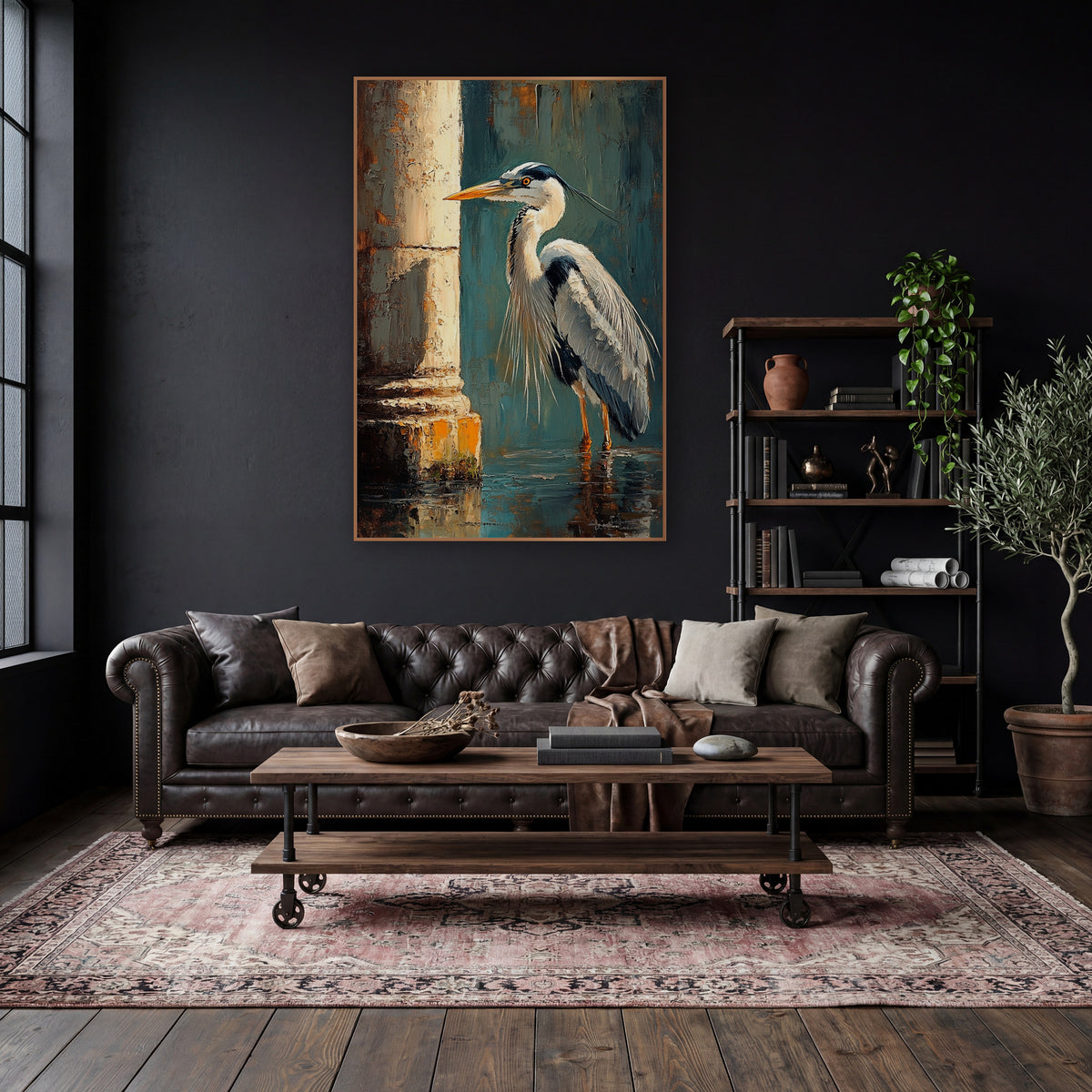 Left Facing Heron Teal Classic wall art in a moody dark academia room – gray heron standing in shallow water