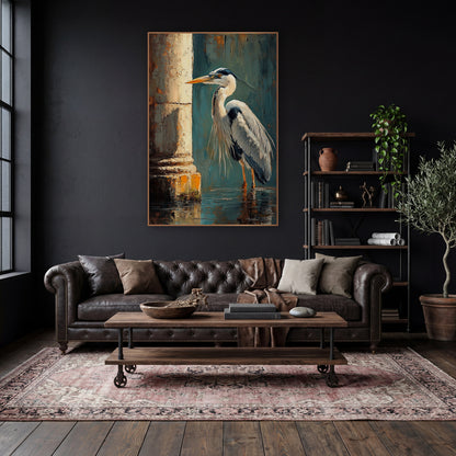 Left Facing Heron Teal Classic wall art in a moody dark academia room – gray heron standing in shallow water