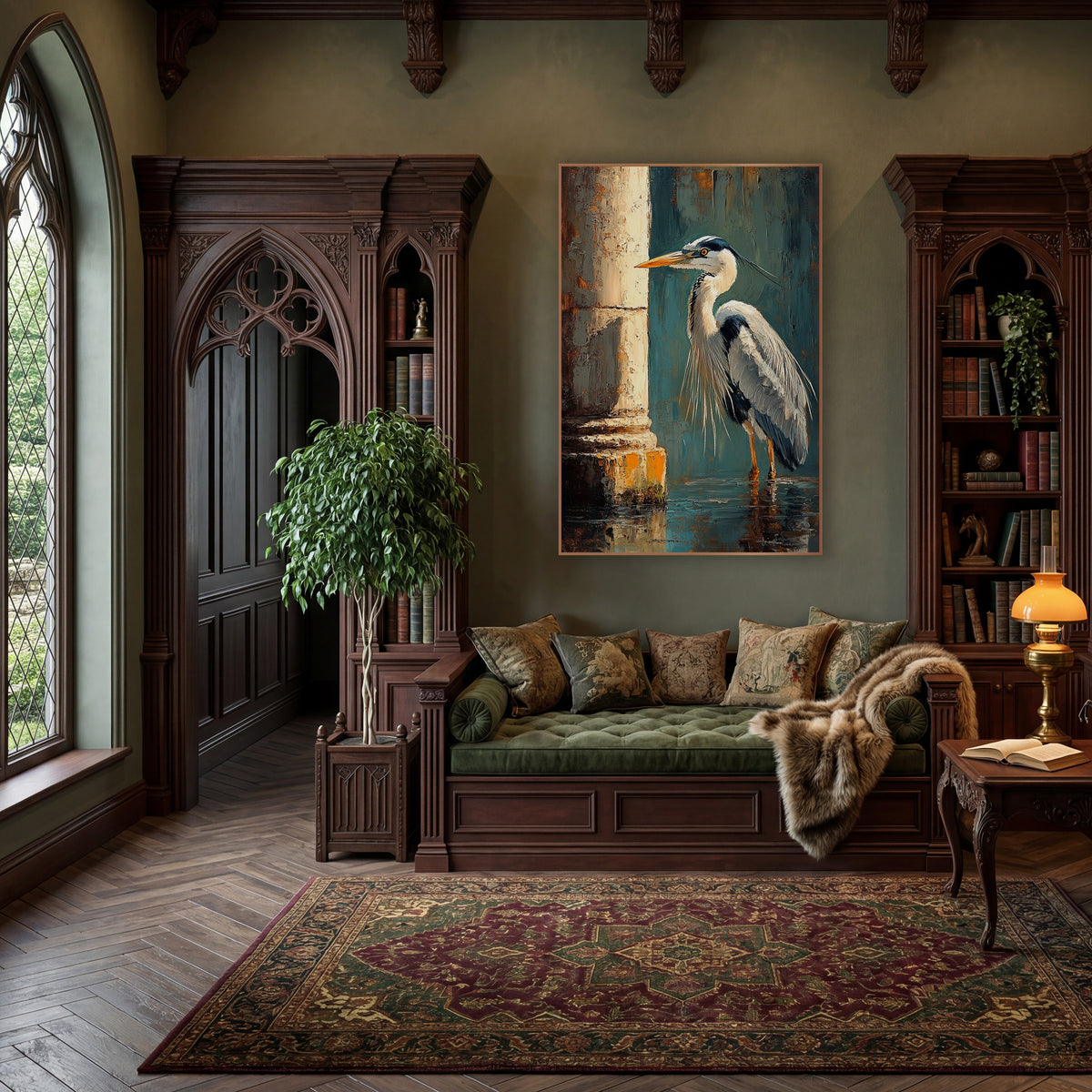 Left Facing Heron Teal Classic wall art in a moody dark academia room – gray heron standing in shallow water