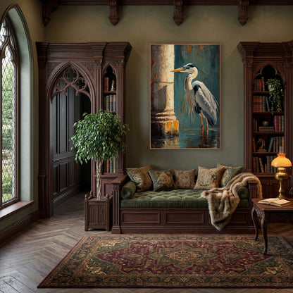 Left Facing Heron Teal Classic wall art in a moody dark academia room – gray heron standing in shallow water