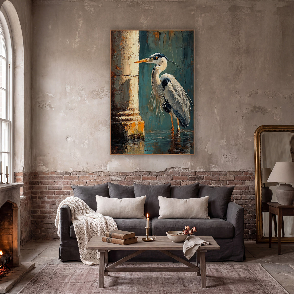 Left Facing Heron Teal Classic wall art in a moody dark academia room – gray heron standing in shallow water