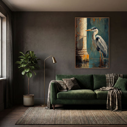 Left Facing Heron Teal Classic wall art in a moody dark academia room – gray heron standing in shallow water