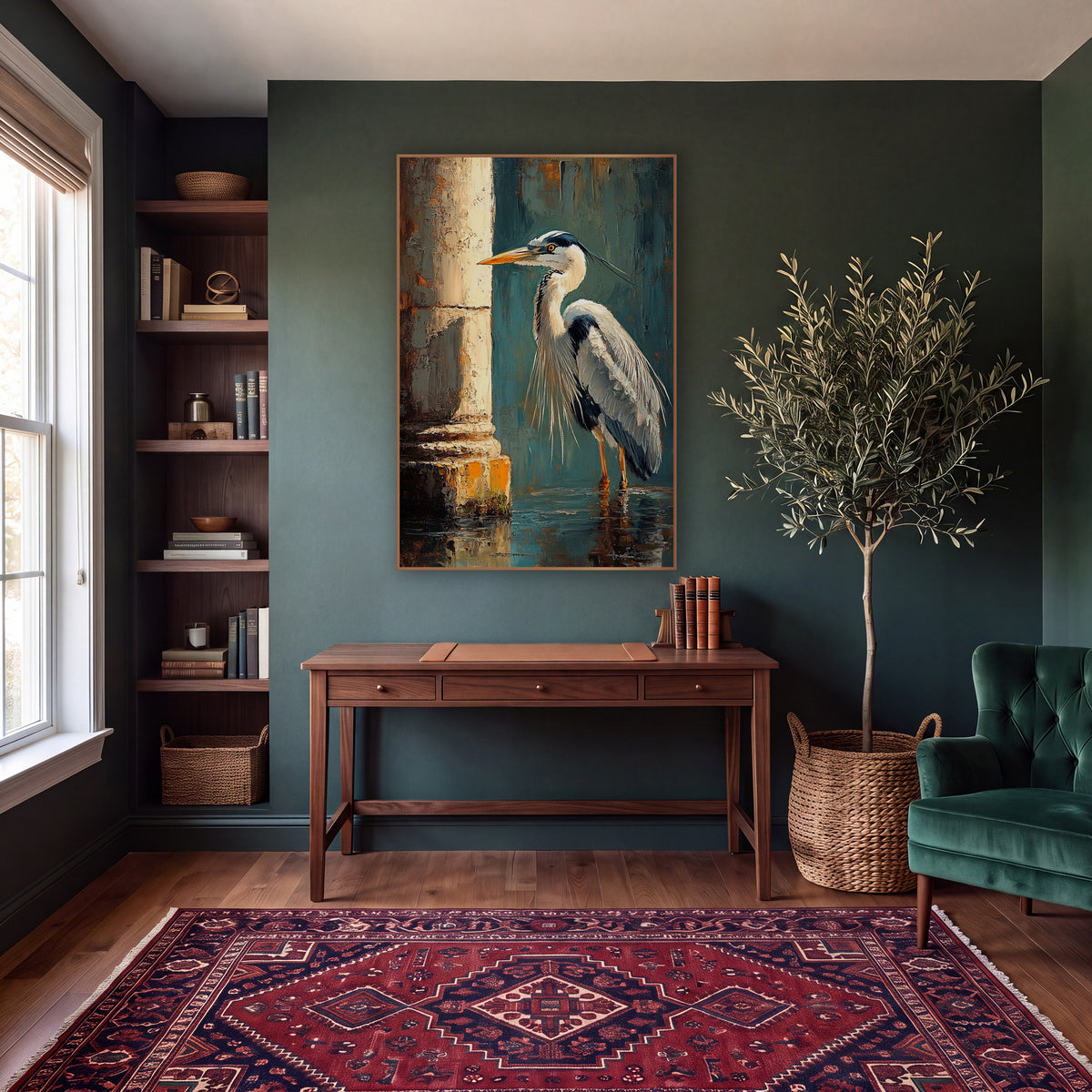 Left Facing Heron Teal Classic wall art in a moody dark academia room – gray heron standing in shallow water