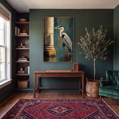 Left Facing Heron Teal Classic wall art in a moody dark academia room – gray heron standing in shallow water